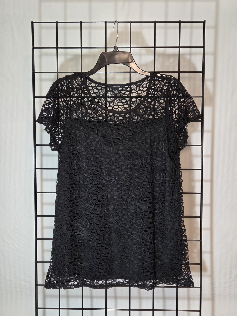 Espresso Black Crochet Lace Short Sleeve Top